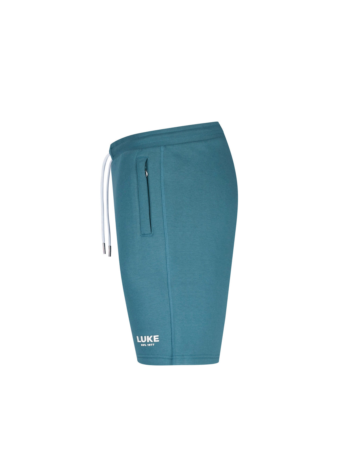 Men's blue shorts with drawstring waistband, side view