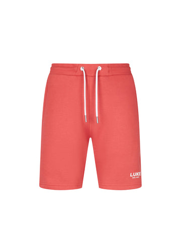 Men's red shorts with drawstring waistband, front view