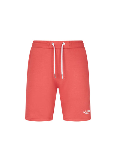 Men's red shorts with drawstring waistband, front view