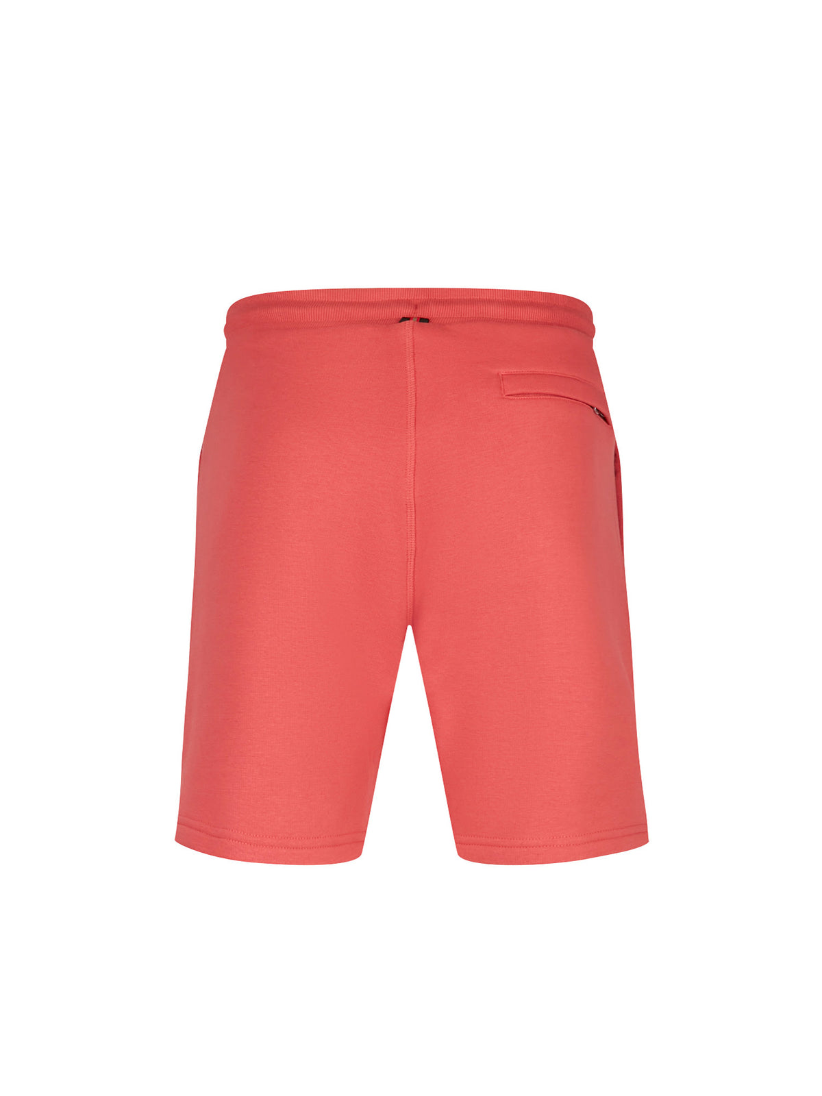 Men's red shorts with drawstring waistband, back view