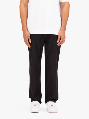 Men's straight-leg black cargo trousers with cargo pockets and elasticated waistband, front view