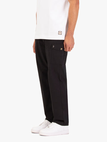 Men's straight-leg black cargo trousers with cargo pockets and elasticated waistband, side view