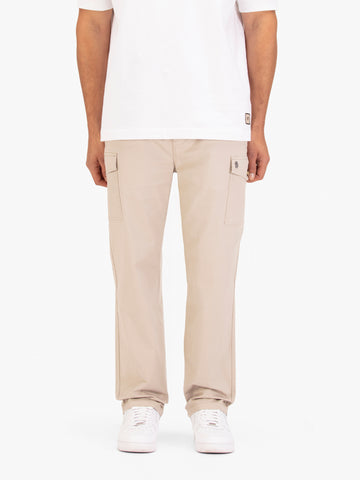 Men's straight-leg beige cargo trousers with cargo pockets and elasticated waistband, front view