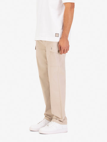 Men's straight-leg beige cargo trousers with cargo pockets and elasticated waistband, side view