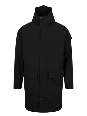Men's black jacket with zip-up front.