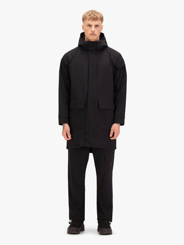 Men's black jacket with zip-up front.