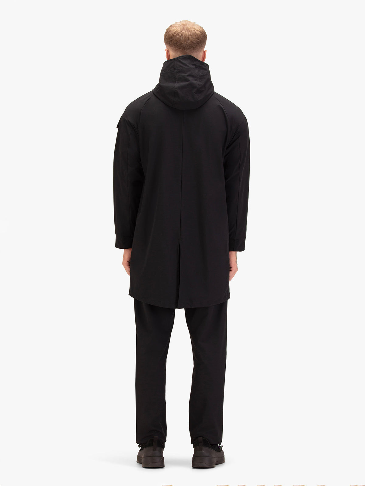 Men's black jacket with zip-up front.