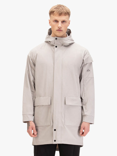 Men's grey jacket with zip-up front, worn by a model, front view