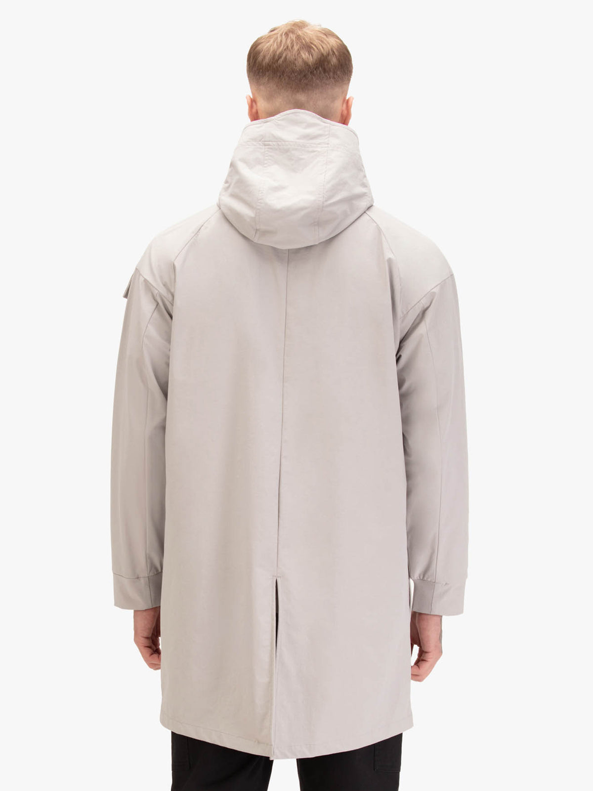Men's grey jacket with zip-up front, worn by a model, back view