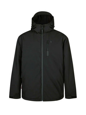 A black hooded outdoor jacket with a full front zipper and a vertical zippered chest pocket, shown against a plain white background.