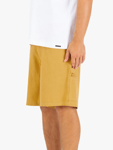 Men's yellow shorts with drawstring waistband.