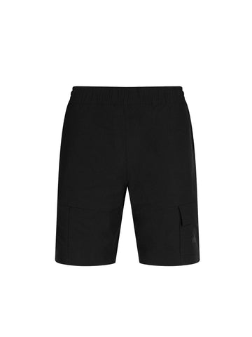 Men's black shorts with drawstring waistband, front view
