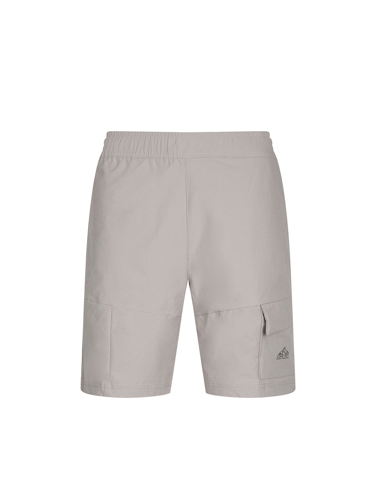 Men's grey shorts with elasticated waistband and cargo pockets.
