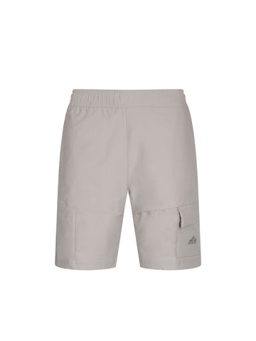 Men's grey shorts with elasticated waistband and cargo pockets.