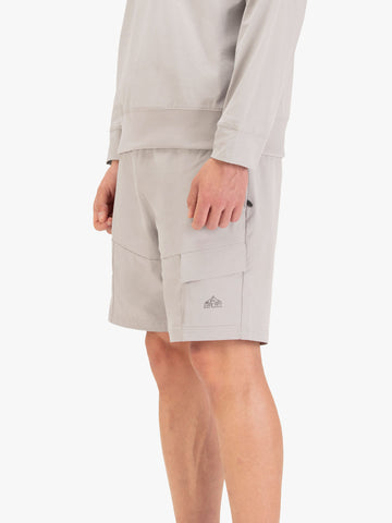 Men's grey shorts with elasticated waistband and cargo pockets.