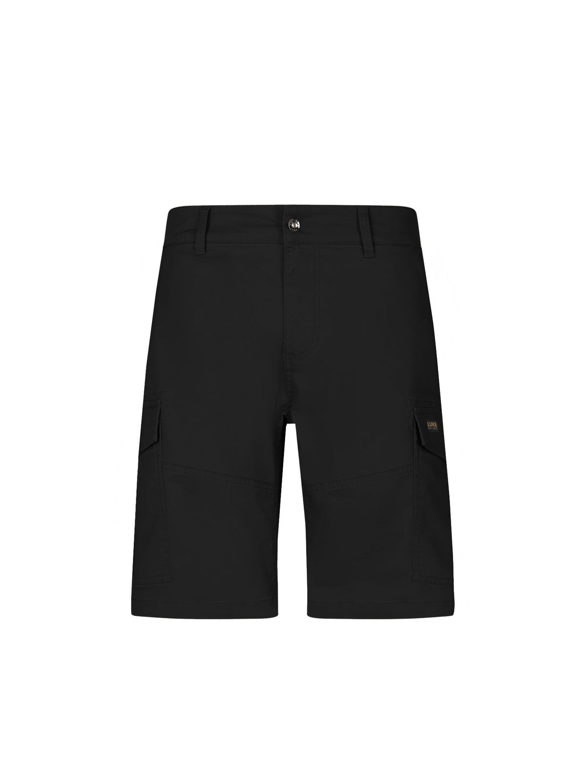 Men's black shorts with drawstring waistband and cargo pockets, front view