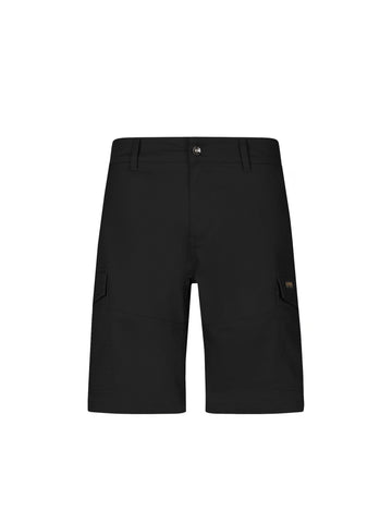 Men's black shorts with drawstring waistband and cargo pockets, front view