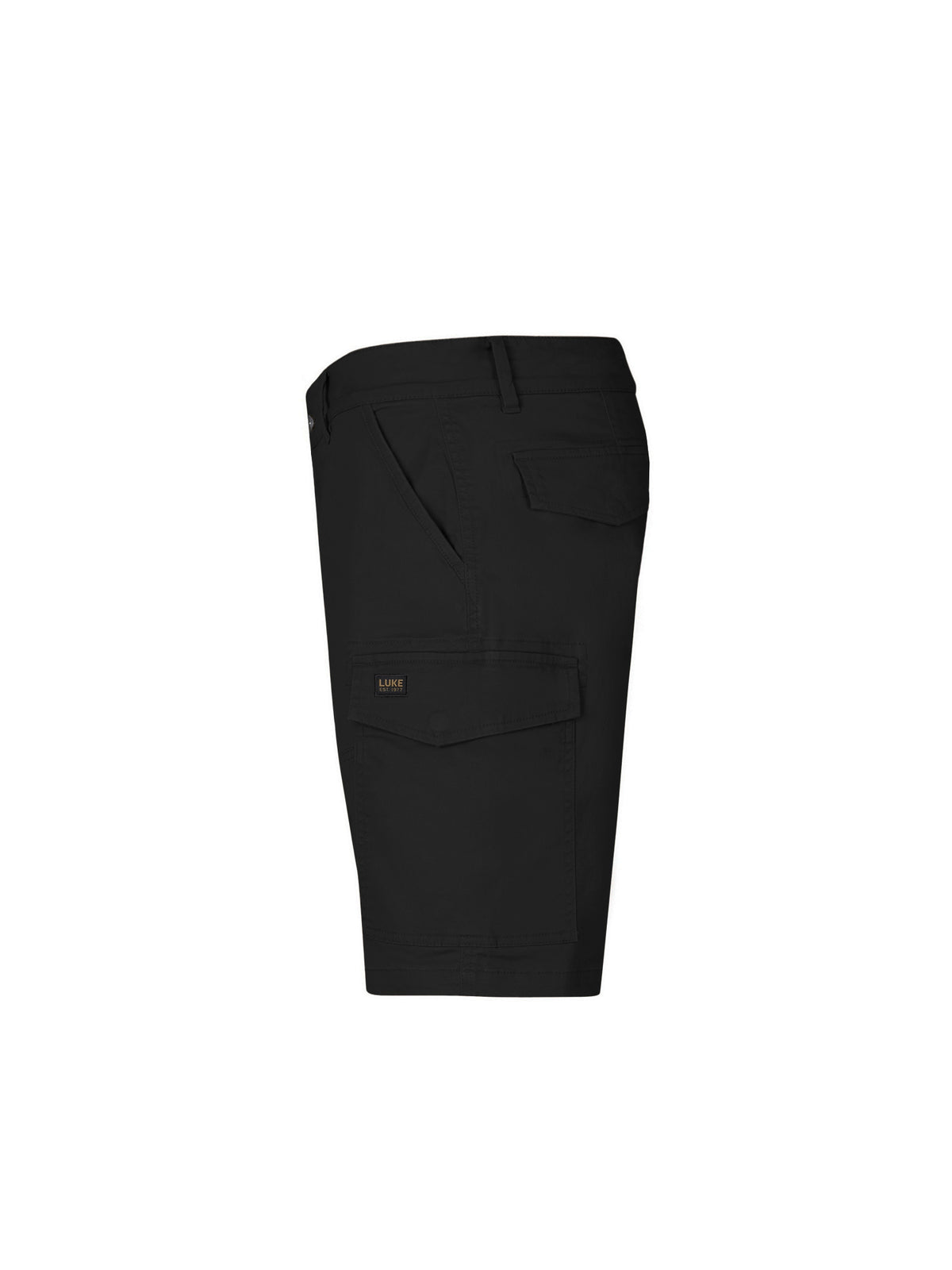 Men's black shorts with drawstring waistband and cargo pockets, side view
