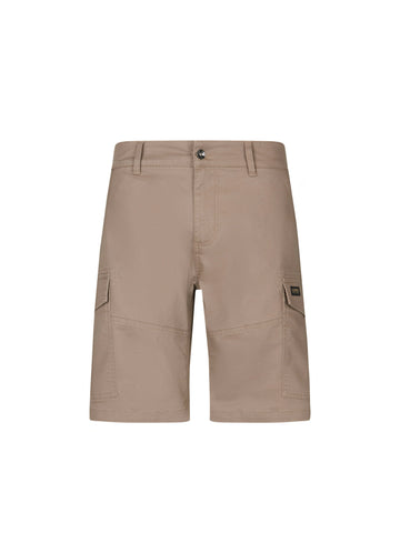 Men's brown shorts with drawstring waistband and cargo pockets, front view