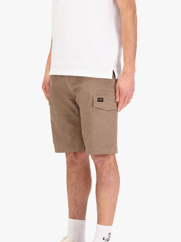 Men's brown shorts with drawstring waistband and cargo pockets, worn by a model, side view