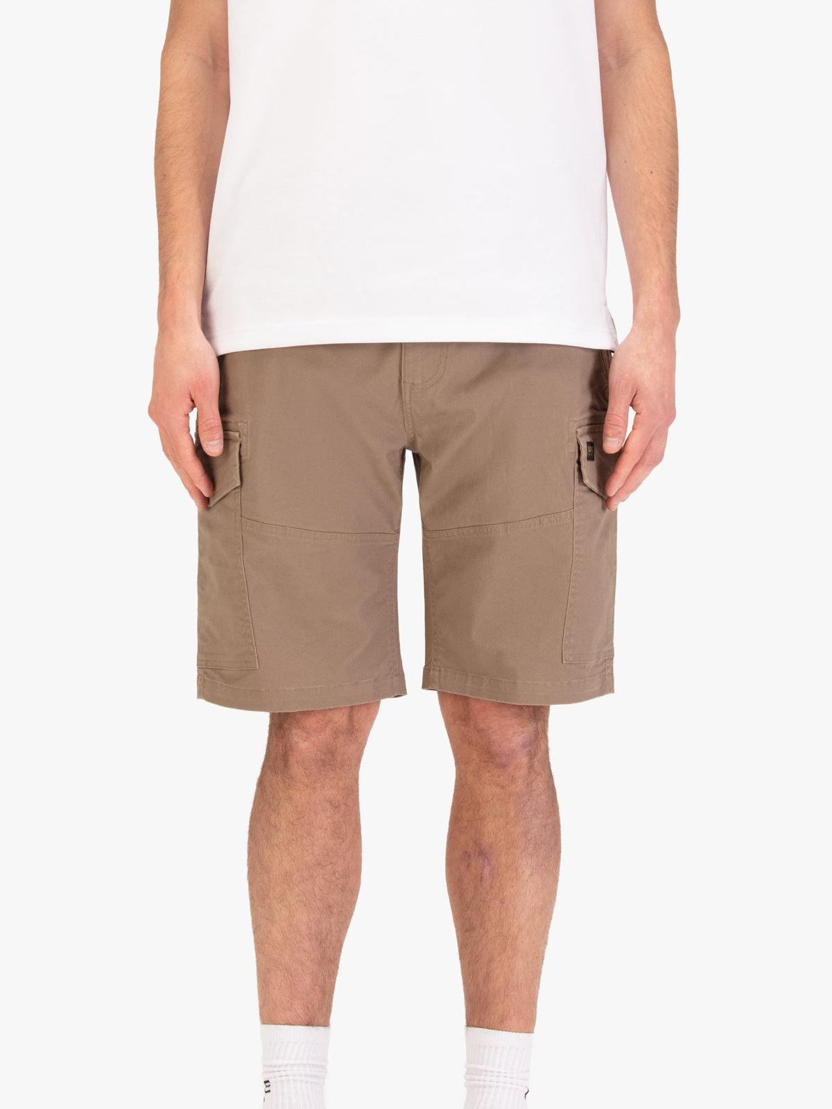 Men's brown shorts with drawstring waistband and cargo pockets.
