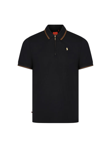 Texas Tip Cotton Pique Zip Neck Polo Shirt - Black