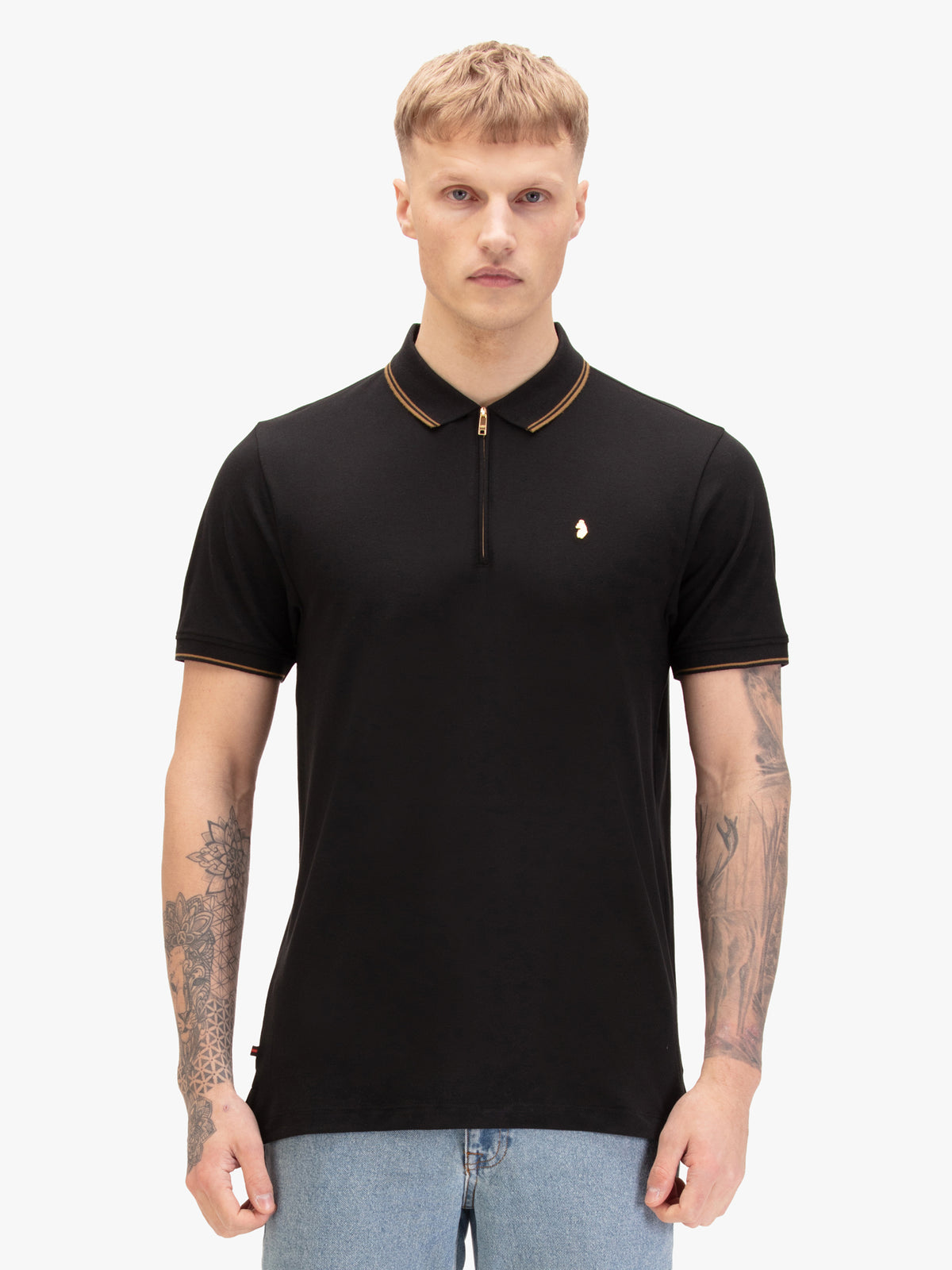 Texas Tip Cotton Pique Zip Neck Polo Shirt - Black