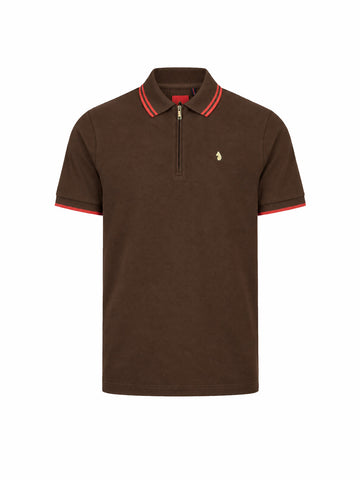 Texas Tip Cotton Pique Zip Neck Polo Shirt - Chocolate