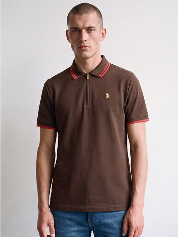 Texas Tip Cotton Pique Zip Neck Polo Shirt - Chocolate