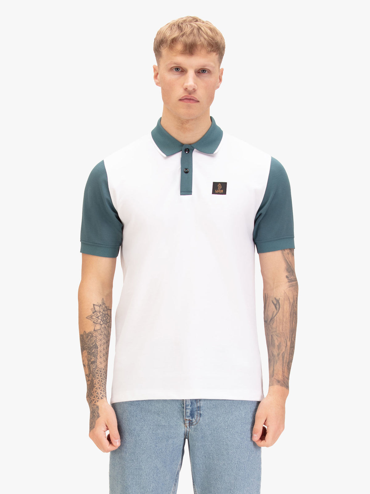 Men's white polo shirt with polo collar, front view