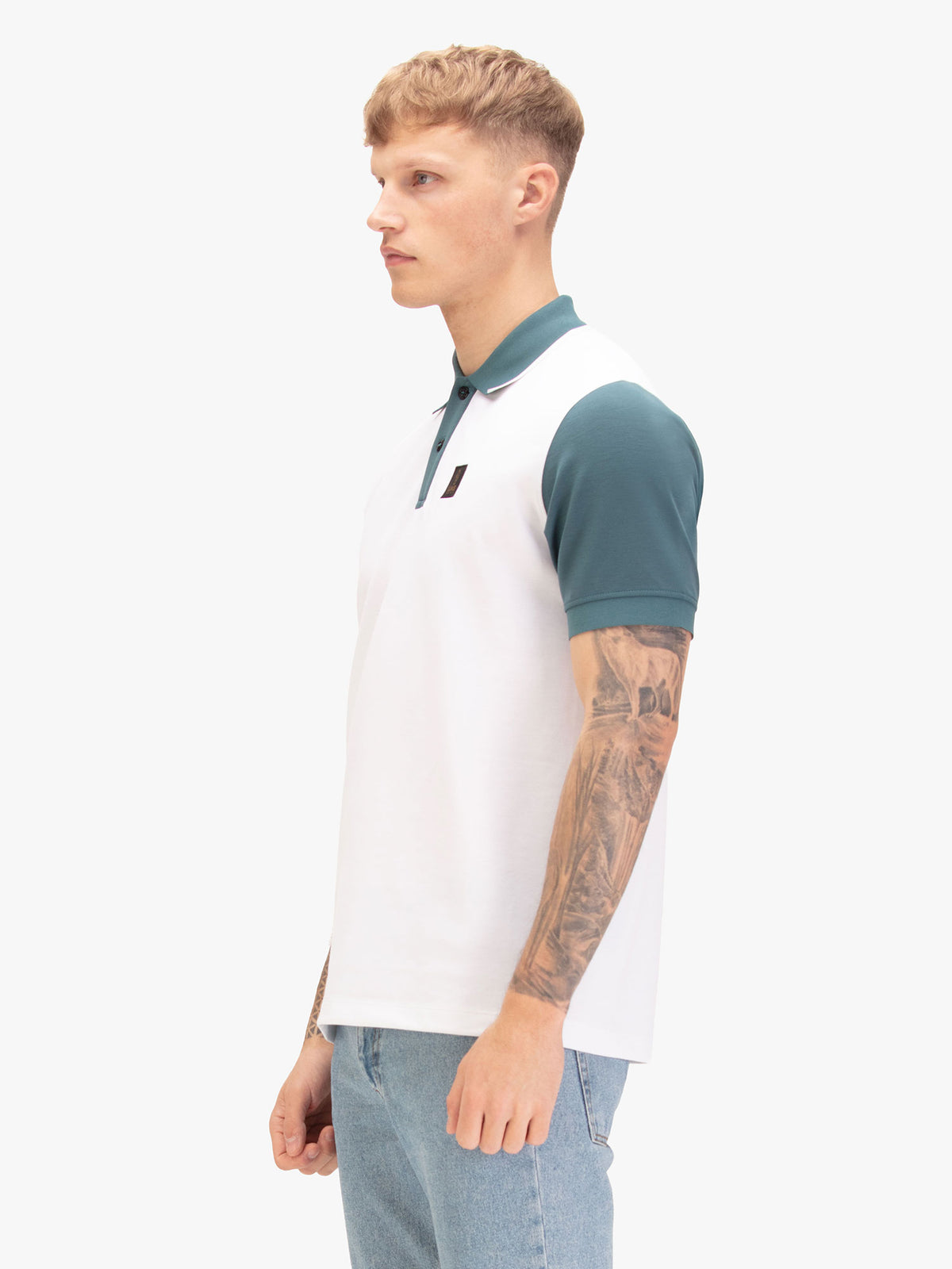Men's white polo shirt with polo collar, back view
