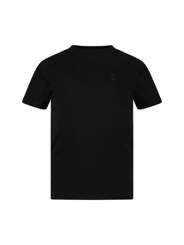 Boy's black t-shirt with crew neck, front view