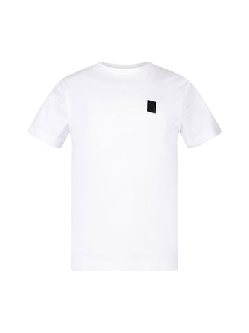 Boy's white t-shirt with crew neck, front view