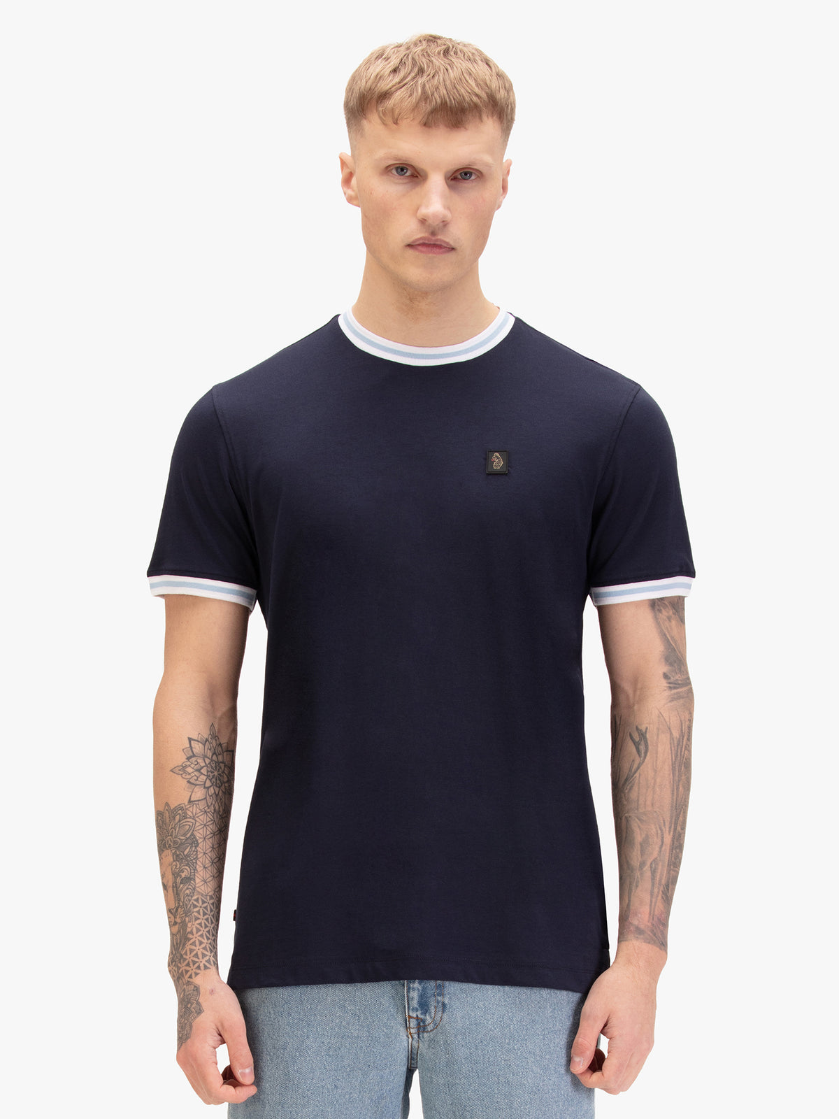 Men's navy t-shirt with crew neck and short sleeves, worn by a model, front view