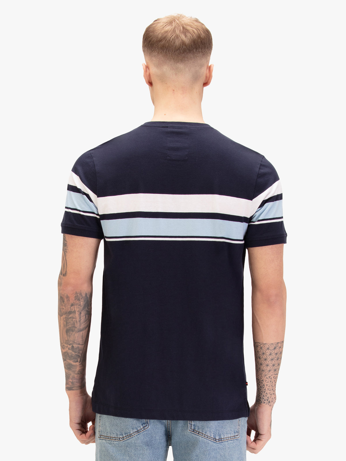 Men's navy t-shirt with crew neck and short sleeves, worn by a model, back view