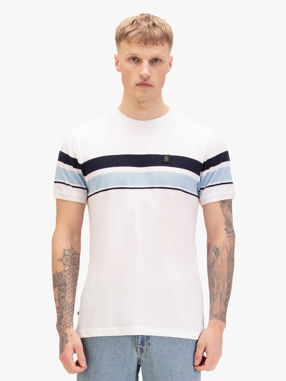 Men's white t-shirt with crew neck and short sleeves, worn by a model, front view