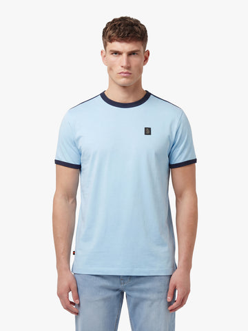 Men's blue t-shirt with crew neck and short sleeves, front view