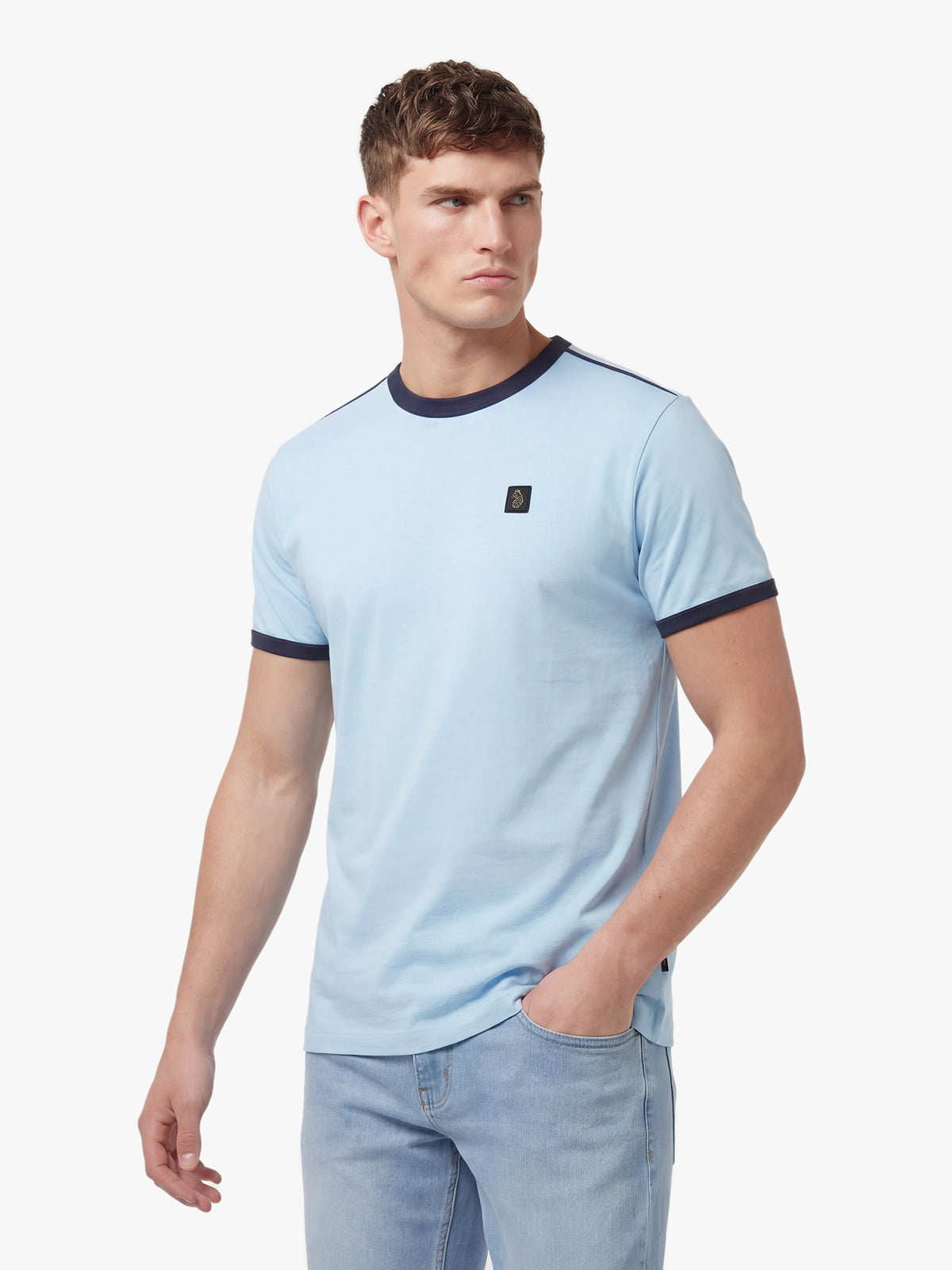 Men's blue t-shirt with crew neck and short sleeves, back view