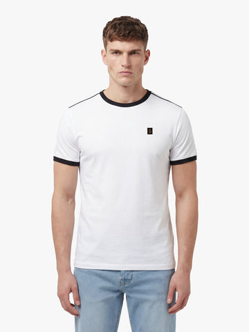 Men's white t-shirt with crew neck and short sleeves, worn by a model, front view