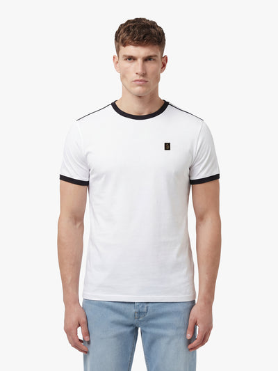 Men's white t-shirt with crew neck and short sleeves, worn by a model, front view