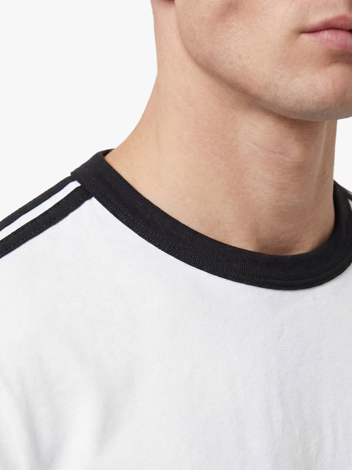 Men's white t-shirt with crew neck and short sleeves, worn by a model, back view