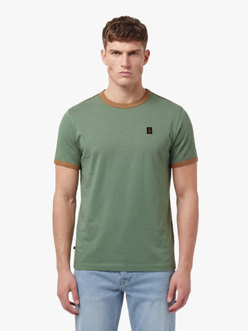 Men's green t-shirt with crew neck and short sleeves, worn by a model, front view