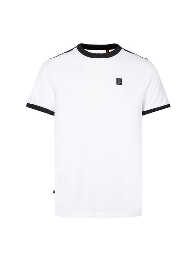 Men's white t-shirt with crew neck and short sleeves, front view