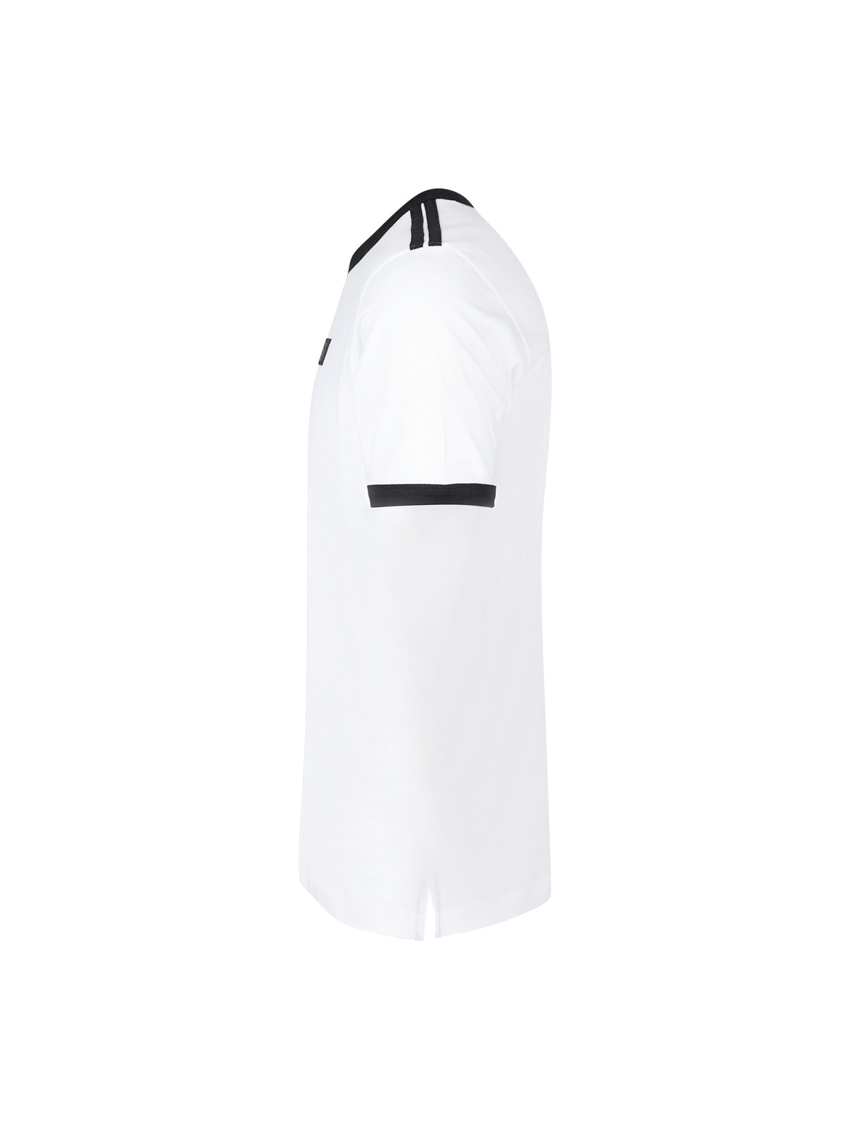 Men's white t-shirt with crew neck and short sleeves, side view