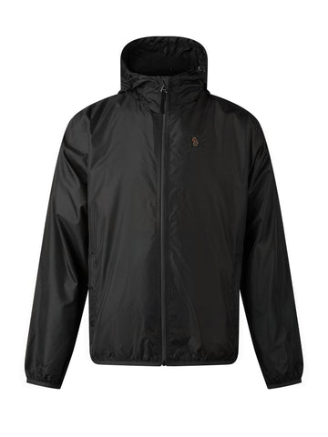 Men's black jacket with zip-up front, front view