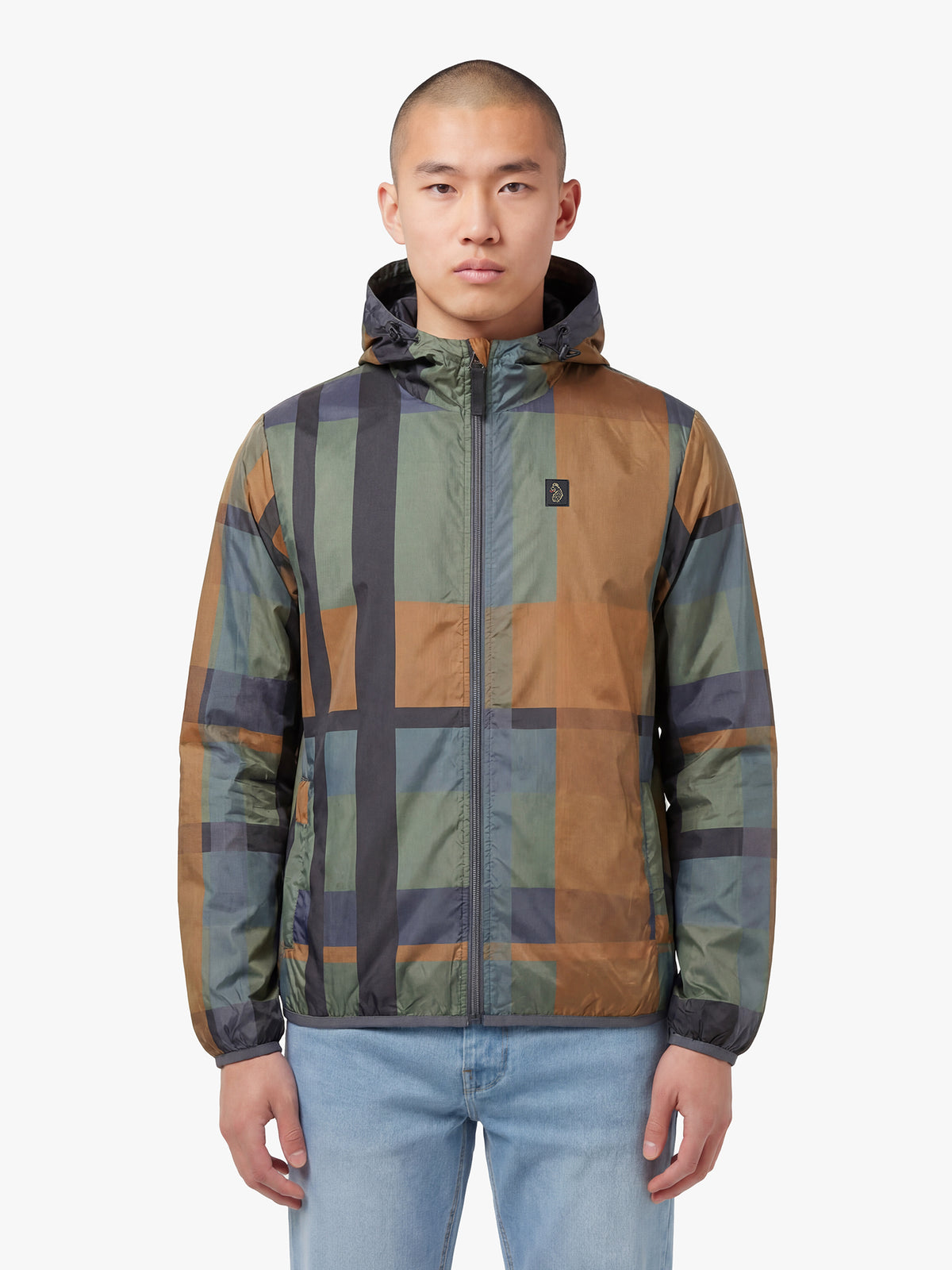 Men's green jacket with zip-up front, front view