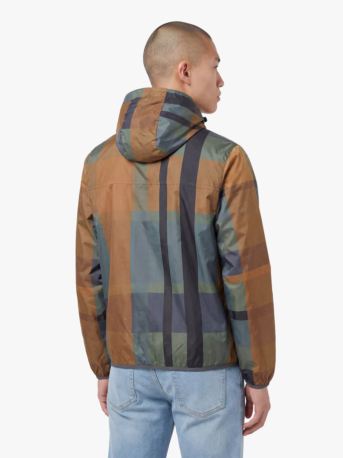 Men's green jacket with zip-up front, back view