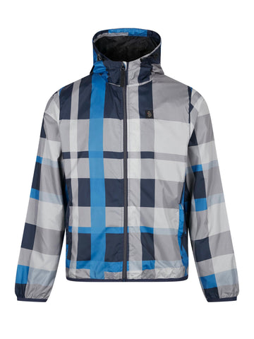 Men's blue jacket with zip-up front, front view
