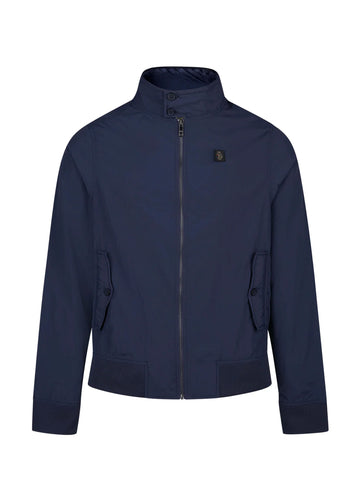 Men's navy jacket with zip-up front and front pocket, front view