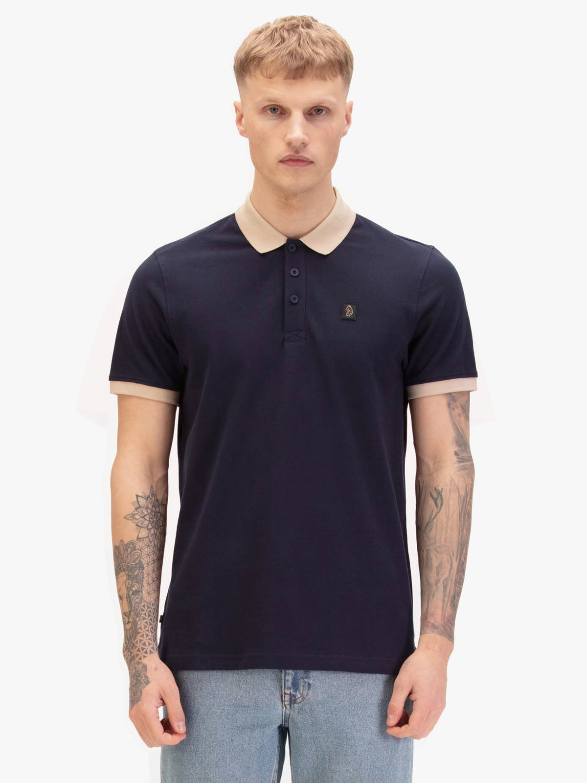Men's navy polo shirt with polo collar, front view